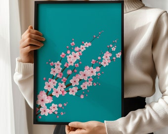 Framed Blue Pink Japanese Pattern Print Exhibition Poster Sakura Cherry Blossom Custom Set Ready to hang Home Office Decor Gift for her