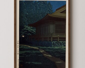 江の島の月、川瀬巴水、1933年、日本の木版画、夜景、月明かりの海岸