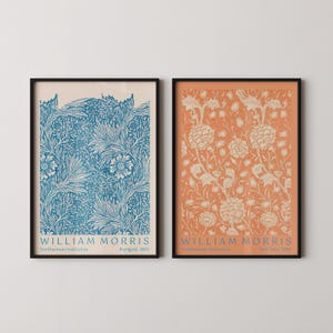 STATEMENT DUO William Morris Tulipano selvatico e Marigold / / Motivi botanici vintage in blu arancione disponibili incorniciati a mano