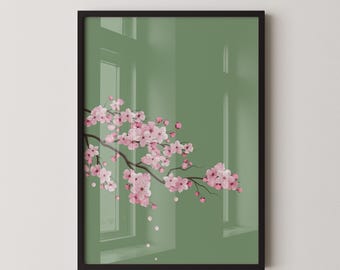 Cherry Blossoms with Emerald Green Background (available handframed ready to hang or unframed)