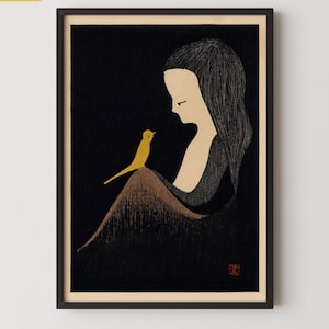 河野薫　木版画　少女と鳥 Kaoru kawano - Etsy 日本