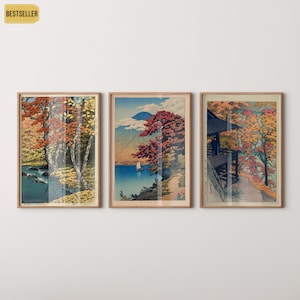Kawase Hasui STATEMENT TRIO Herbst im Waldsee Chuzenji & Herbst bei den Furukoda Falls | Bestseller-Set gerahmt erhältlich