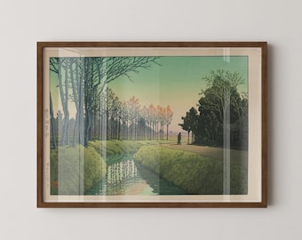 川瀬巴水作「浅尾の夕暮れ」、木版画、ジクレー、版画、アジア美術、秋