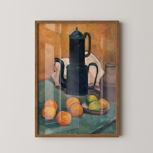 May include: A still life painting of a black coffee pot, a white cloth, a brown jug, and oranges on a green table. The background is a yellow wall.
