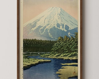 川瀬巴水作「月光富士河口橋」木版画、ジクレー版画、風景画、田園風景