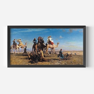 Leon Belly - Una caza de gacelas en Egipto / Impresionante obra de arte orientalista panorámica del siglo XIX / Disponible con o sin marco 2x1