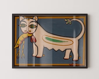 Jamini Roy - Cat and Shrimp | Bengali Art (available handframed or unframed)