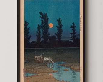 江の島の月、川瀬巴水、1933年、日本の木版画、夜景、月明かりの海岸