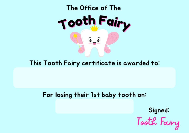 Tooth Fairy First Lost Tooth Certificate: Printable Keepsake (digital ...