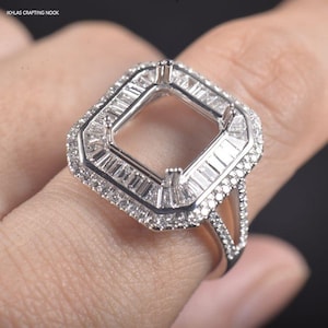 Emerald Cut Semi Mount Ring: 925 Sterling Silver, Zircon Accents, 11x9mm Stone