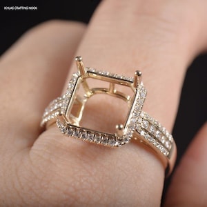 Gold Plated Sterling Silver Semi Mount Ring: Emerald Cut, Zircon Accents (10×10mm)