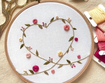 Gold Flower Heart Wreath Embroidery Pattern - PDF/Digital Pattern