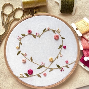 Gold Flower Heart Wreath Embroidery Pattern - PDF/Digital Pattern