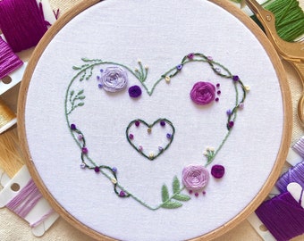 Purple Flower Heart Wreath Embroidery Pattern - PDF/Digital Pattern