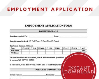 Employment Application Form, Job Application Template, Hiring Form, Recruitment Selection Form, Word Doc