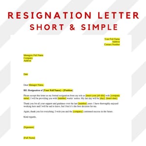 May include: A resignation letter template with a simple design. The template includes fields for the employee's name, address, contact number, manager's name, company, address, date, job title, and last day of employment.