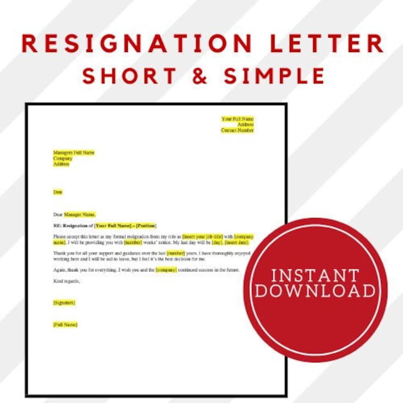 Resignation Letter Template Short And Simple Professional Resignation