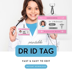 May include: Printable doctor ID tag template with a pink background and a photo placeholder. The text on the tag reads "WARWICK HOSPITAL", "Dr. J McDonald", "Nurse", and "Registered Nurse".