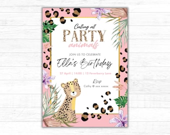 Editable Cute Wild Leopard Print Birthday Party Invitation