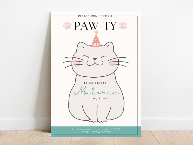 Cute Kitten Cat Theme Birthday Invitation Etsy