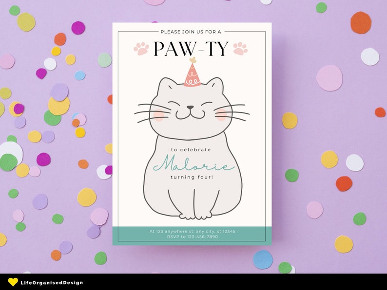 Cute Kitten Cat Theme Birthday Invitation Etsy