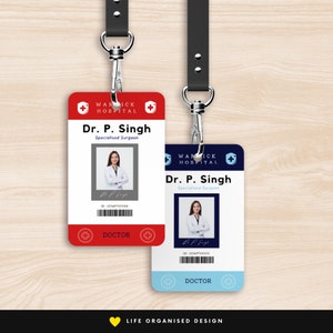 May include: Two red and blue plastic ID badges with a photo of a woman wearing a white lab coat. The badges have the text "WARICK HOSPITAL" and "Dr. P. Singh" with the title "Specialised Surgeon" and the word "DOCTOR" printed on them.