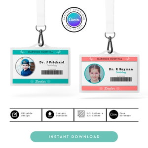 Kids Doctor ID Badge Printable Editable Hospital Staff ID Pretend Play ...