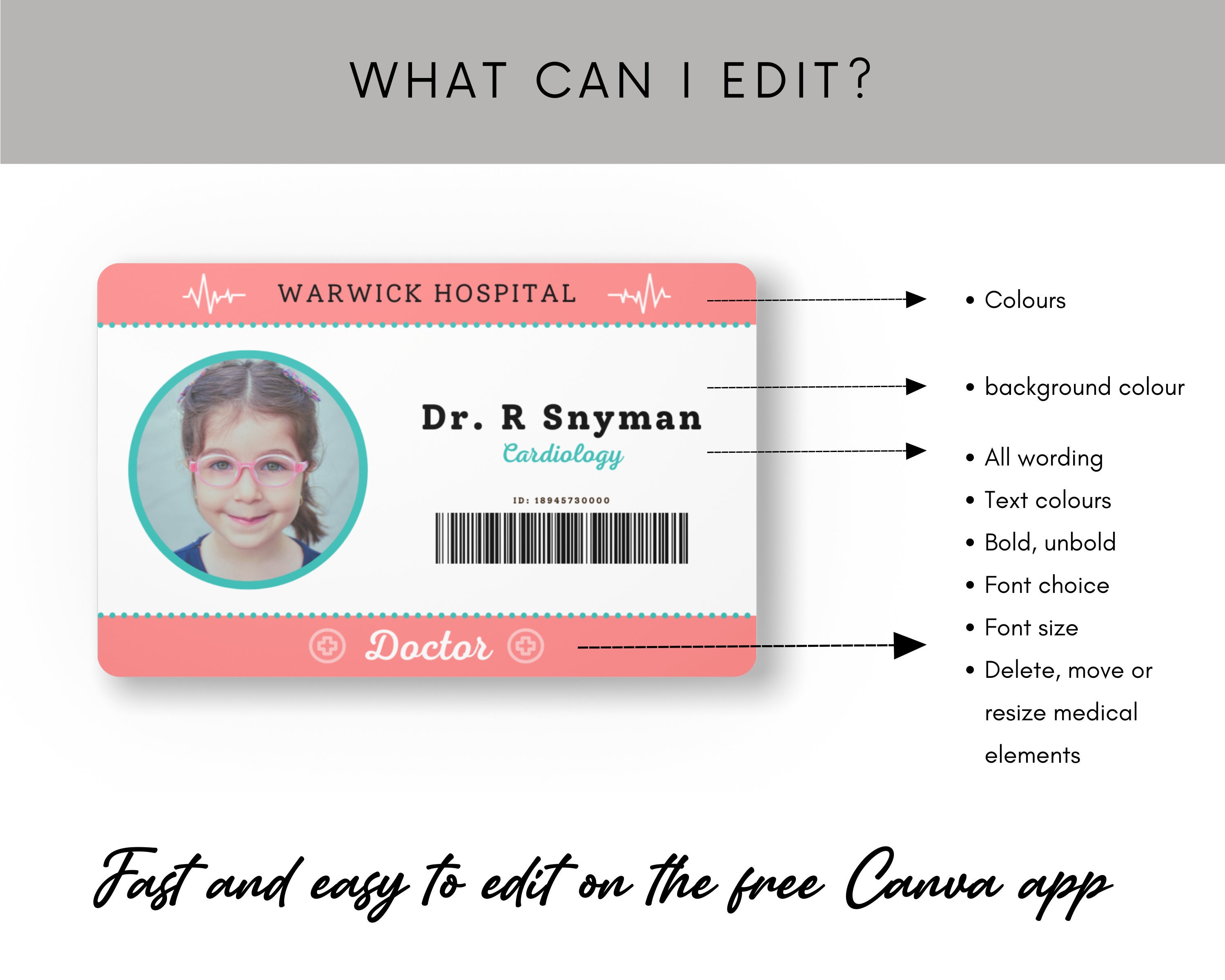 Kids Doctor ID Badge Printable Editable Hospital Staff ID - Etsy