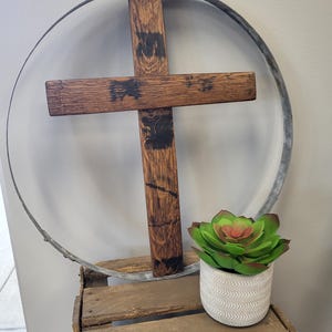 Cross in Whiskey Barrel Hoop-Handmade-Rustic-Repurposed-Bourbon Barrel Staves-Wall Hanging