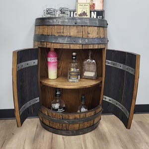 Whiskey Barrel Cabinet- Bar- Half Barrel- With Doors-Repurposed Wood