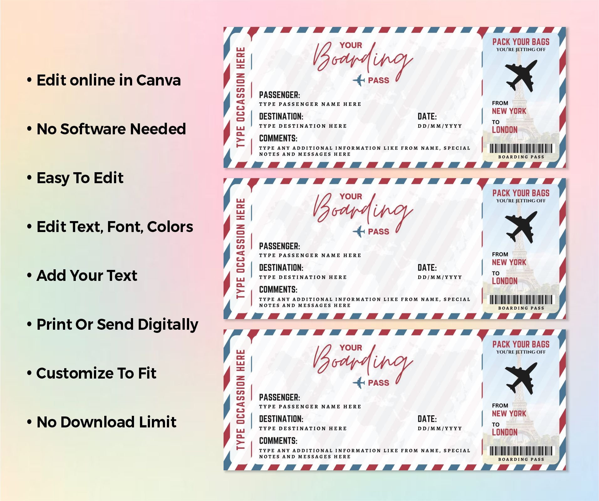 Editable Boarding Pass Template Printable Airline Ticket Canva