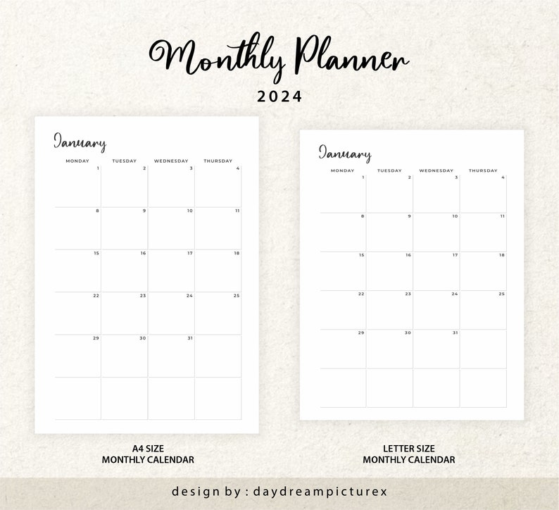 2024 Monthly Calendar Planner Monthly Calendar Portrait Monthly