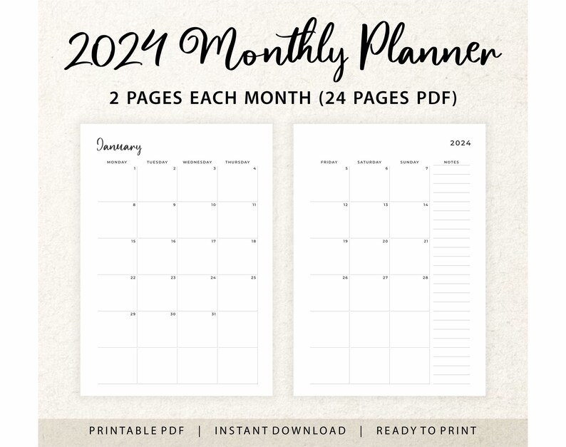 2024 Monthly Calendar Planner Monthly Calendar Portrait Monthly