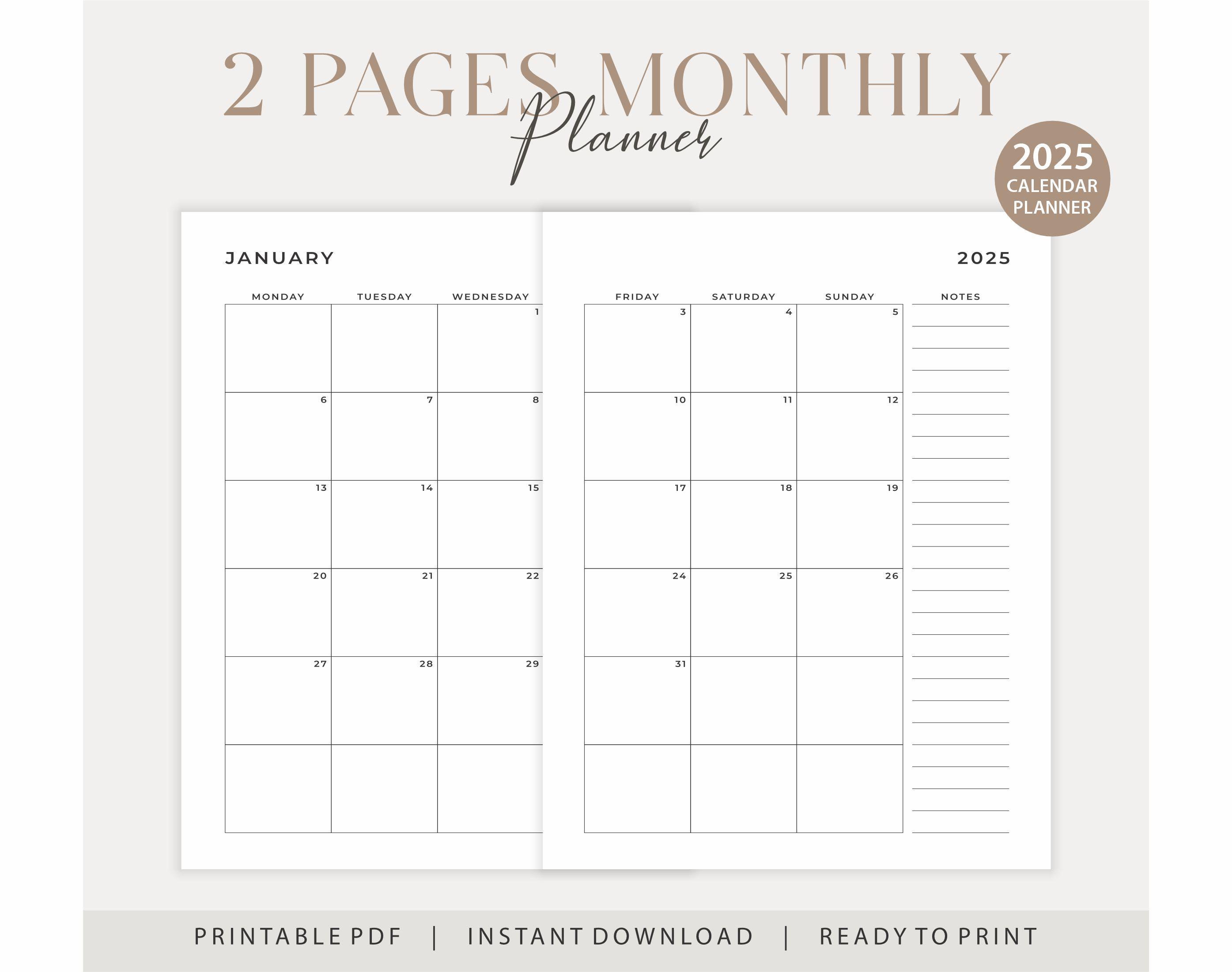 2025 Calendar 2 Pages Calendar 2025 Monthly Planner Portrait Elegant Monthly Calendar A4 Letter
