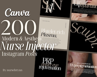 May include: A collage of Instagram post templates for a nurse injector. The templates feature a modern aesthetic with black and beige color scheme. The text includes "Skin", "Platelet-rich Plasma", "PRP under-eye rejuvenation", "Sculpt", "Lip Hydration", and "Hyperpigmentation".