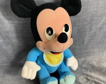 Vintage Mickey Mouse Baby Playskool Disney Babies 10” Plush Toy Blue With Bib