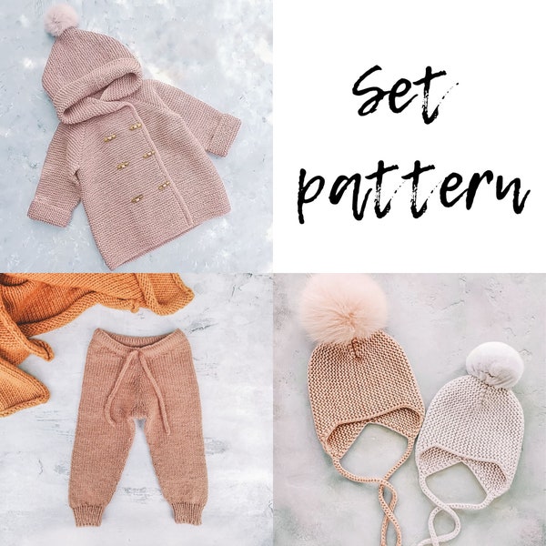 Knitting Pattern SET Cardigan, Pants and Hat, Hooded Jacket, Coat, Clubhouse Raglan, Kids Knitting pattern, Child and Kids Seamless Pants