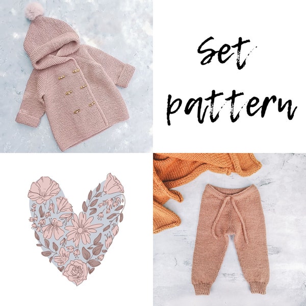 Knitting Pattern SET Cardigan and Pants, Jacket, Hooded Jacket, Coat, Clubhouse Raglan, Kids Knitting pattern, Child and Kids Seamless Pants