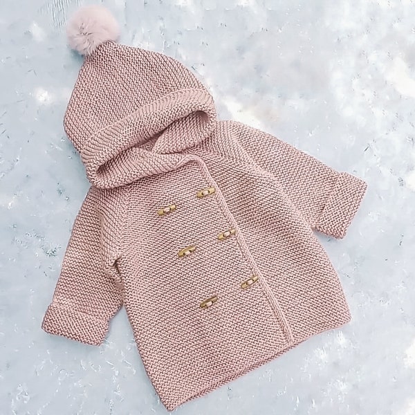 Modello di maglia, giacca per neonati, cardigan per neonati, giacca con cappuccio, cappotto per neonati, raglan Clubhouse, modello di maglia per bambini, senza cuciture, 6 taglie