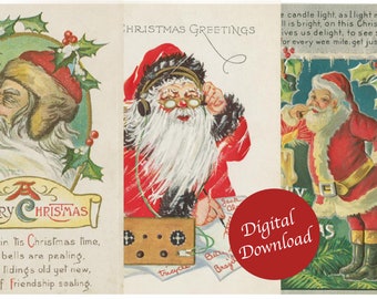 Digital | Christmas Vintage Greeting Card Red Santa Claus Green Father Xmas Clip Art Graphic Image Sublimation Instant Download JPEG PDF