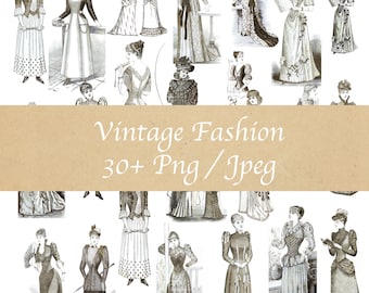 May include: A collection of vintage fashion illustrations featuring women in various styles of dresses and hats. The illustrations are in black and white and have a vintage aesthetic. The text "Vintage Fashion 30+ Png / Jpeg" is displayed at the bottom of the image.
