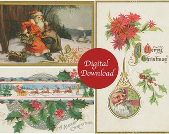 Digital | Christmas Vintage Greeting Card Red Santa Claus Father Xmas Clip Art Graphic Image Sublimation Instant Download JPEG PDF