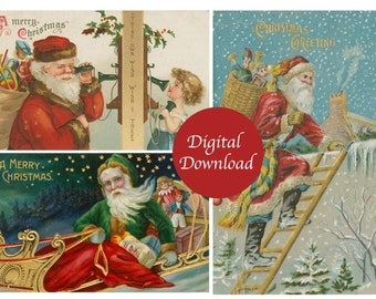Digital | Christmas Vintage Greeting Card Red Santa Claus Green Father Xmas Clip Art Graphic Image Sublimation Instant Download JPEG PDF