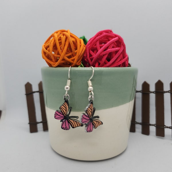 Boucles d’oreilles papillons orange rose et noir