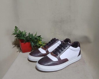 Men's Brown & White Leather Sneakers | Stylish Handmade Casual Shoes | Lace-Up Everyday Footwear