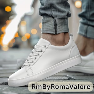 Men's Luxury White Leather Sneakers: Minimalist Low-Top Shoes