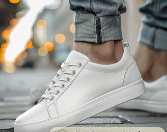 Men's Luxury White Leather Sneakers: Minimalist Low-Top Shoes