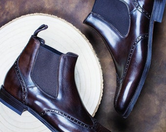 Handmade Brown Italian Leather Chelsea Boots: Men's Formal Dress Shoes