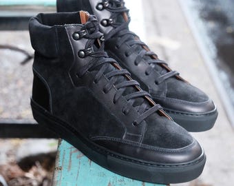 Handcrafted Black Leather Height Increasing Sneakers | 3 Inch Hidden Lift