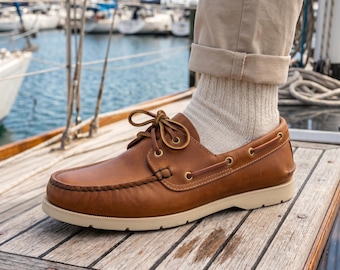 Brown Leather Boat Shoes for Men| Handmade Moccasin Loafers| Casual Deck Shoes, Summer Leather Footwear| Comfortable Slip-On Sailing Shoes